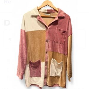 Colorblock/Patchwork Ribbed Velvet Button-Up Collared Shirt, size M